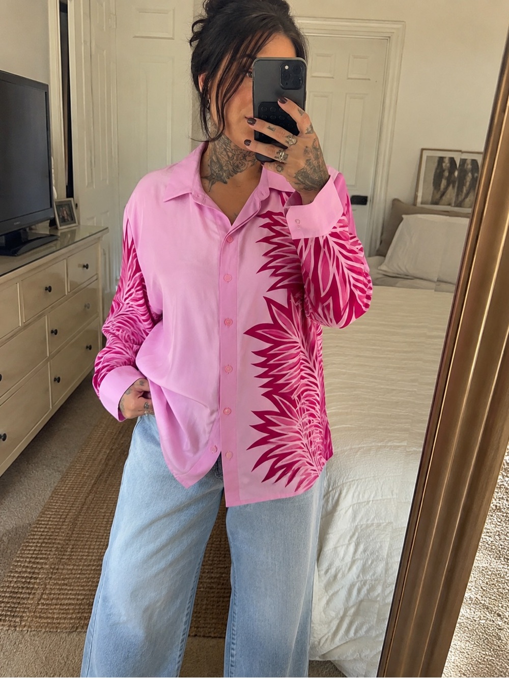 Bob Mackie Pink Button-Down Shirt with Fuchsia Floral Burst